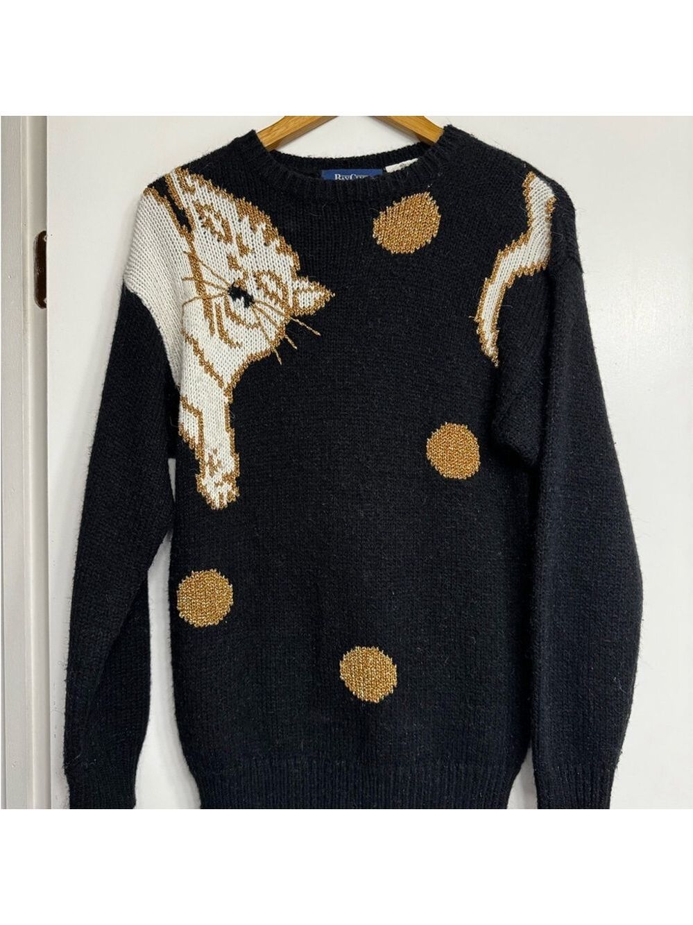 Vintage Bay Club Metallic Cat Sweater Black Gold Knit Novelty Pullover Small - Picture 2 of 9